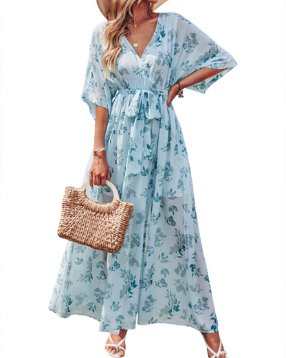 Rodelyn Robe Maxi Femme – Col V Cache-Cœur, Manches 3/4 Kimono & Fente Élégante Bohème