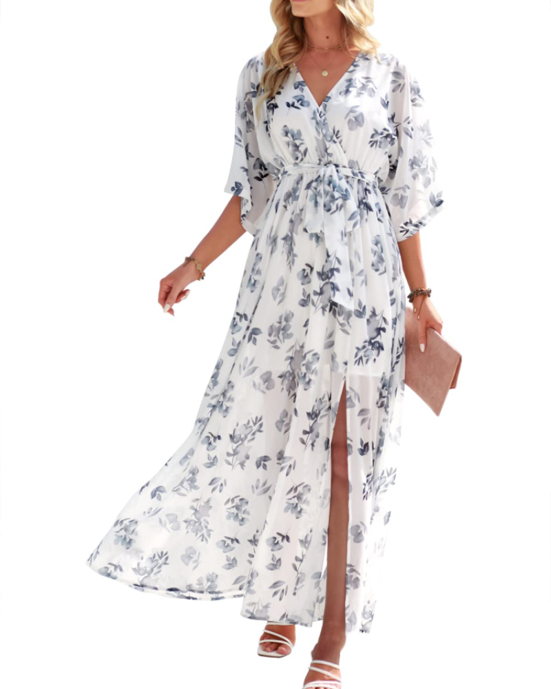 Rodelyn Robe Maxi Femme – Col V Cache-Cœur, Manches 3/4 Kimono & Fente Élégante Bohème