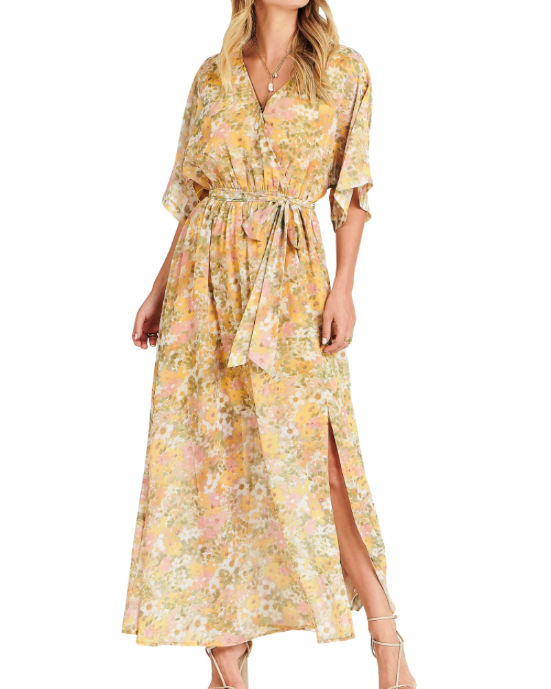 Rodelyn Robe Maxi Femme – Col V Cache-Cœur, Manches 3/4 Kimono & Fente Élégante Bohème