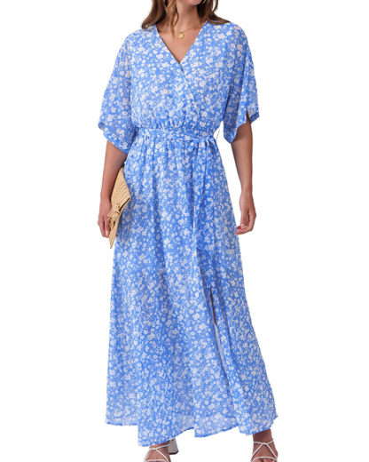 Rodelyn Robe Maxi Femme – Col V Cache-Cœur, Manches 3/4 Kimono & Fente Élégante Bohème