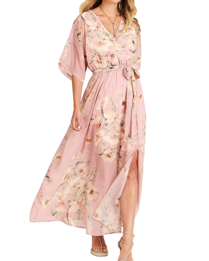 Rodelyn Robe Maxi Femme – Col V Cache-Cœur, Manches 3/4 Kimono & Fente Élégante Bohème