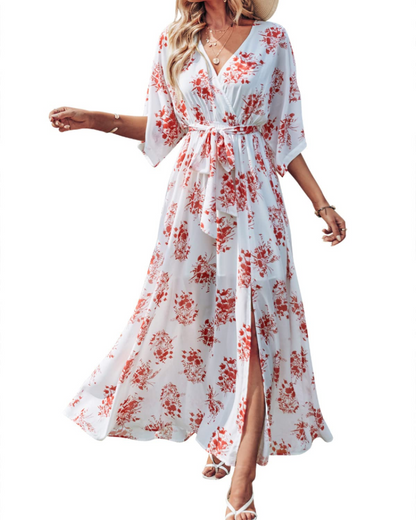 Rodelyn Robe Maxi Femme – Col V Cache-Cœur, Manches 3/4 Kimono & Fente Élégante Bohème
