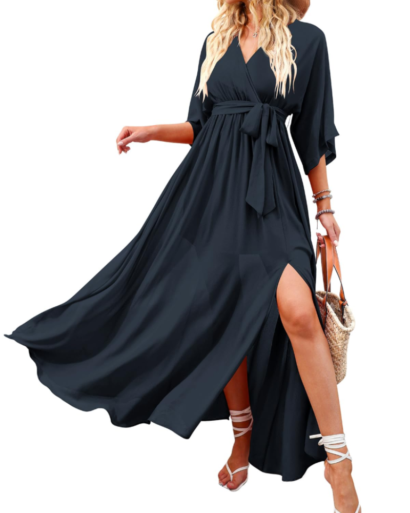Rodelyn Robe Maxi Femme – Col V Cache-Cœur, Manches 3/4 Kimono & Fente Élégante Bohème