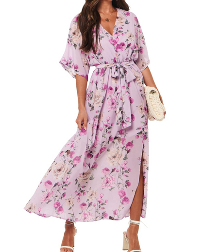 Rodelyn Robe Maxi Femme – Col V Cache-Cœur, Manches 3/4 Kimono & Fente Élégante Bohème