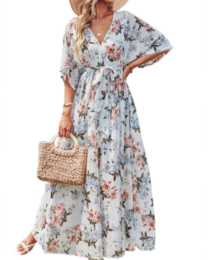 Rodelyn Robe Maxi Femme – Col V Cache-Cœur, Manches 3/4 Kimono & Fente Élégante Bohème