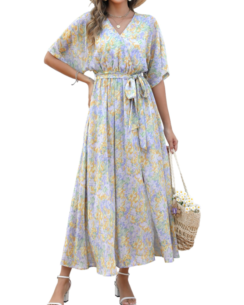 Rodelyn Robe Maxi Femme – Col V Cache-Cœur, Manches 3/4 Kimono & Fente Élégante Bohème