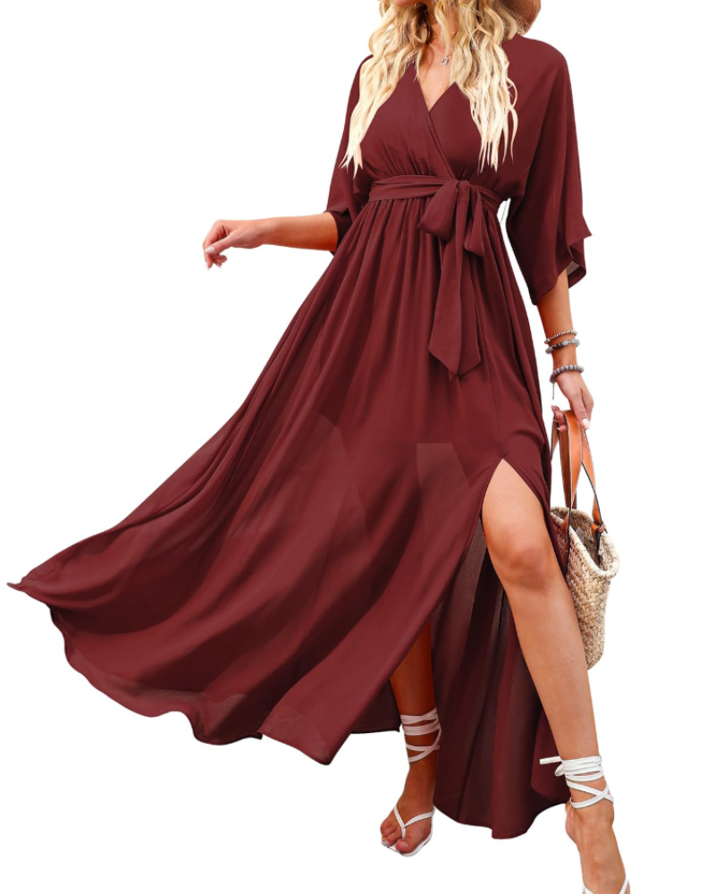Rodelyn Robe Maxi Femme – Col V Cache-Cœur, Manches 3/4 Kimono & Fente Élégante Bohème