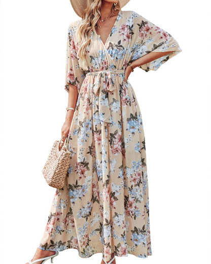 Rodelyn Robe Maxi Femme – Col V Cache-Cœur, Manches 3/4 Kimono & Fente Élégante Bohème