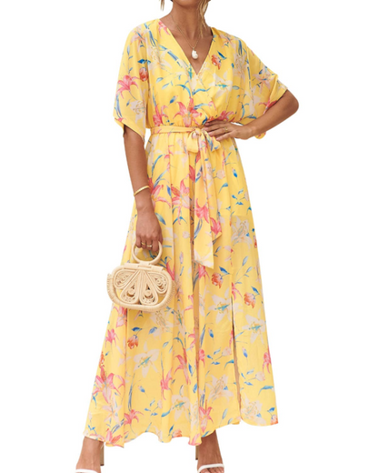 Rodelyn Robe Maxi Femme – Col V Cache-Cœur, Manches 3/4 Kimono & Fente Élégante Bohème
