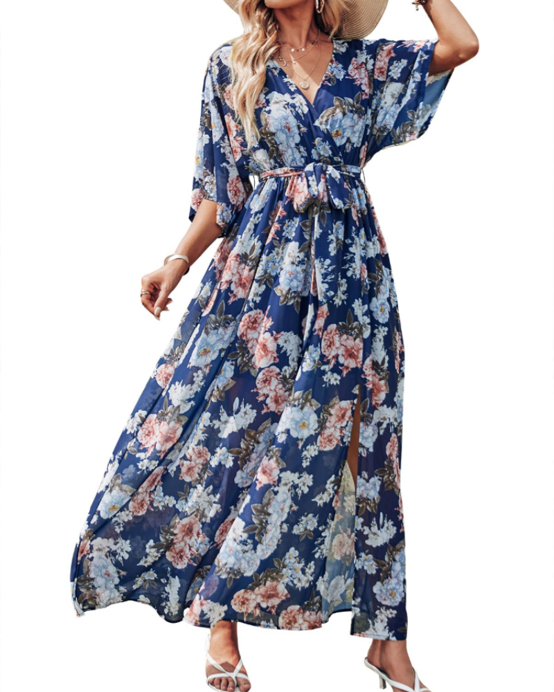 Rodelyn Robe Maxi Femme – Col V Cache-Cœur, Manches 3/4 Kimono & Fente Élégante Bohème