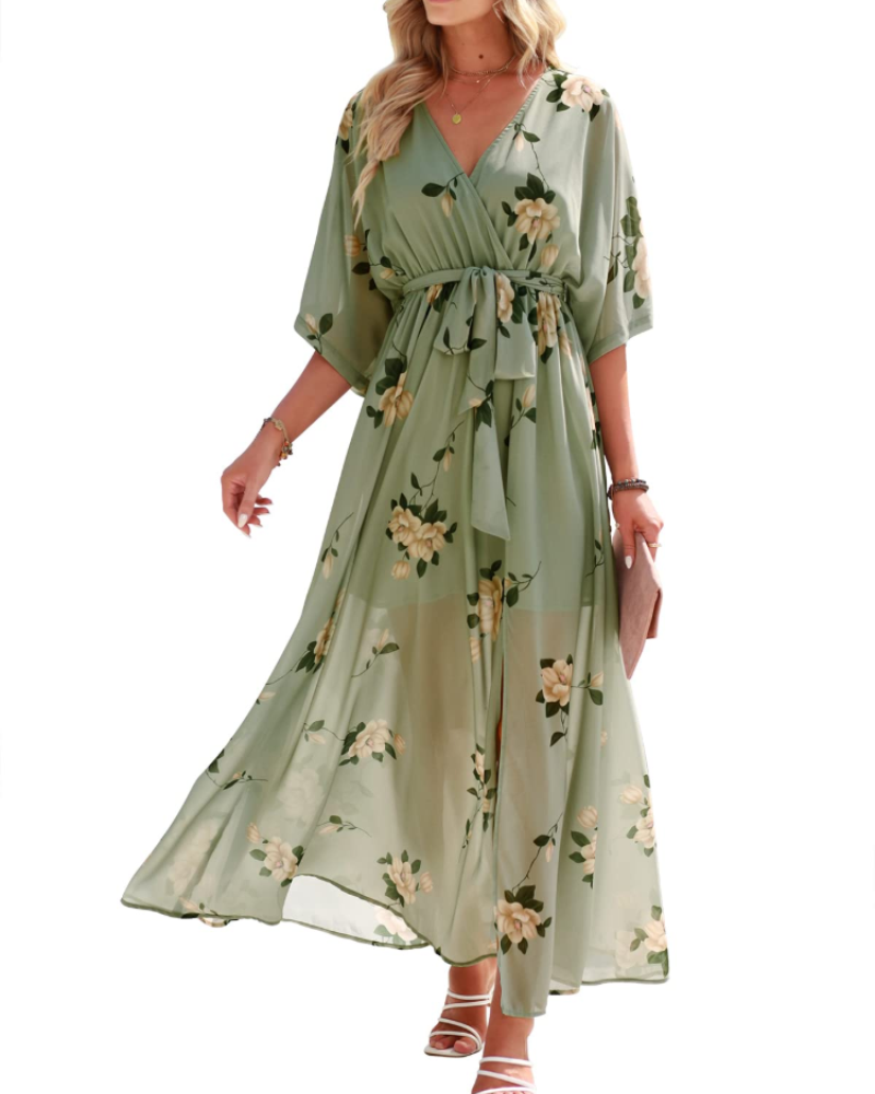 Rodelyn Robe Maxi Femme – Col V Cache-Cœur, Manches 3/4 Kimono & Fente Élégante Bohème