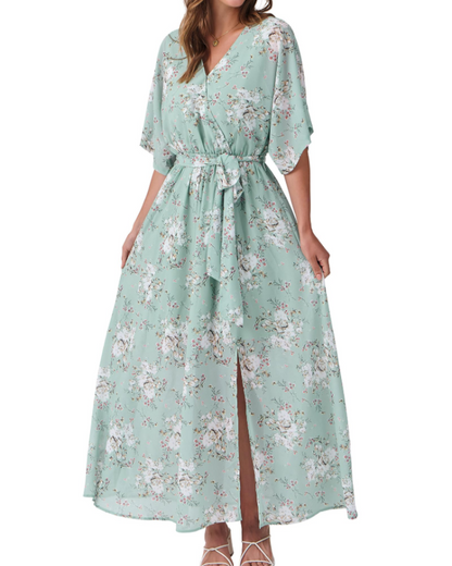 Rodelyn Robe Maxi Femme – Col V Cache-Cœur, Manches 3/4 Kimono & Fente Élégante Bohème