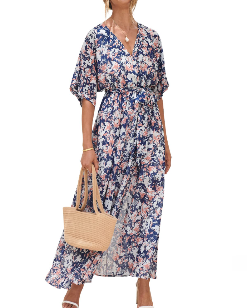 Rodelyn Robe Maxi Femme – Col V Cache-Cœur, Manches 3/4 Kimono & Fente Élégante Bohème