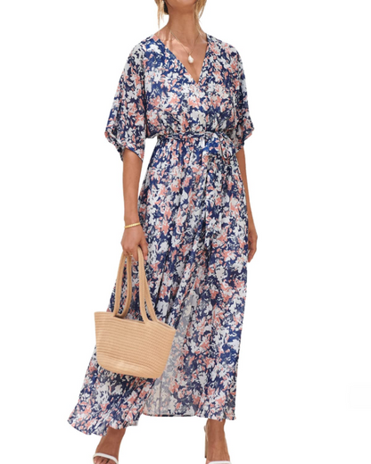 Rodelyn Robe Maxi Femme – Col V Cache-Cœur, Manches 3/4 Kimono & Fente Élégante Bohème