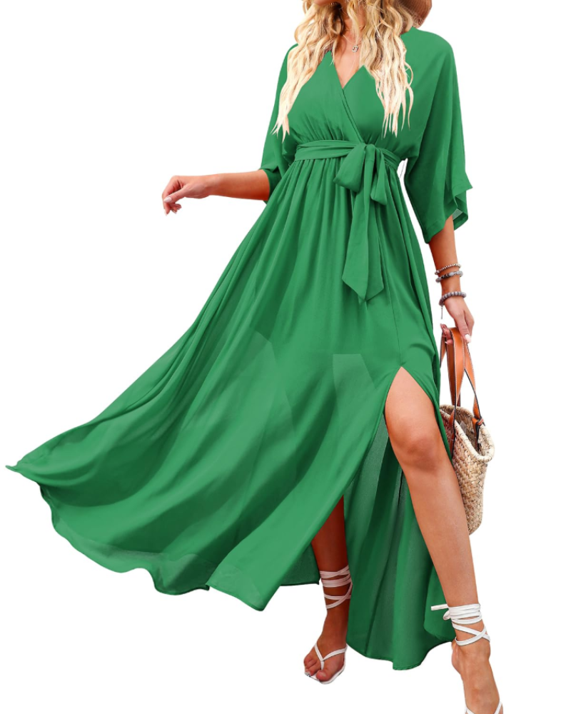 Rodelyn Robe Maxi Femme – Col V Cache-Cœur, Manches 3/4 Kimono & Fente Élégante Bohème
