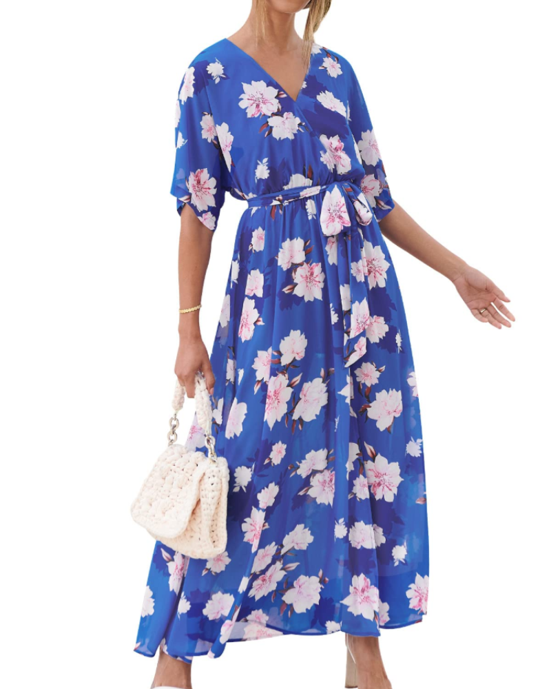 Rodelyn Robe Maxi Femme – Col V Cache-Cœur, Manches 3/4 Kimono & Fente Élégante Bohème