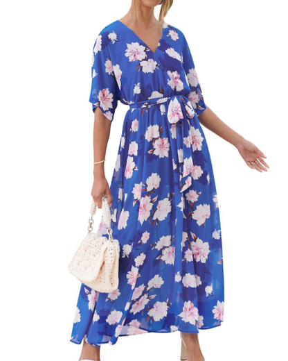 Rodelyn Robe Maxi Femme – Col V Cache-Cœur, Manches 3/4 Kimono & Fente Élégante Bohème