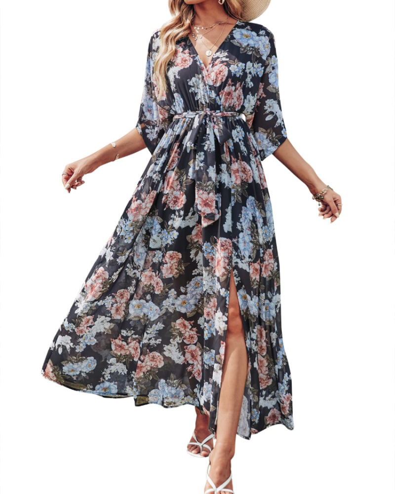 Rodelyn Robe Maxi Femme – Col V Cache-Cœur, Manches 3/4 Kimono & Fente Élégante Bohème