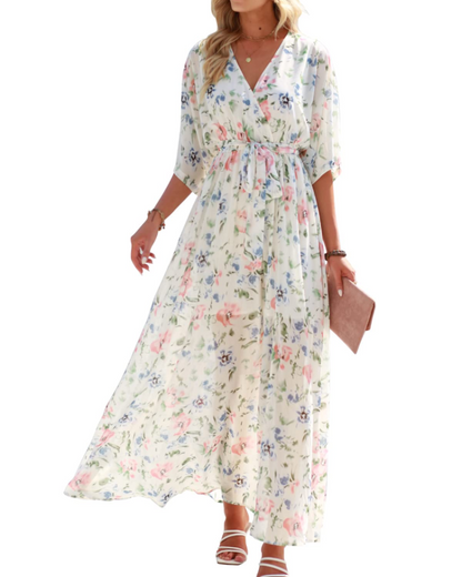 Rodelyn Robe Maxi Femme – Col V Cache-Cœur, Manches 3/4 Kimono & Fente Élégante Bohème