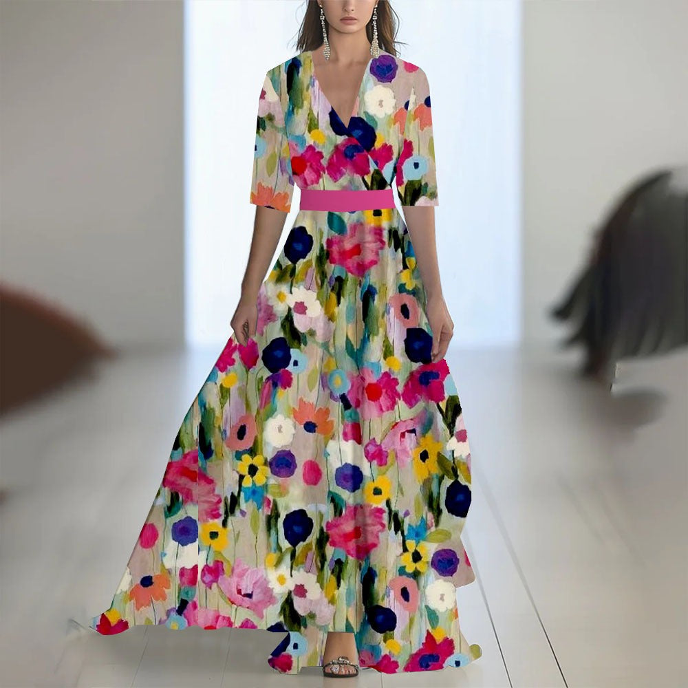 Robe Maxi Fleurie Femme – Col V Taille Ajustée