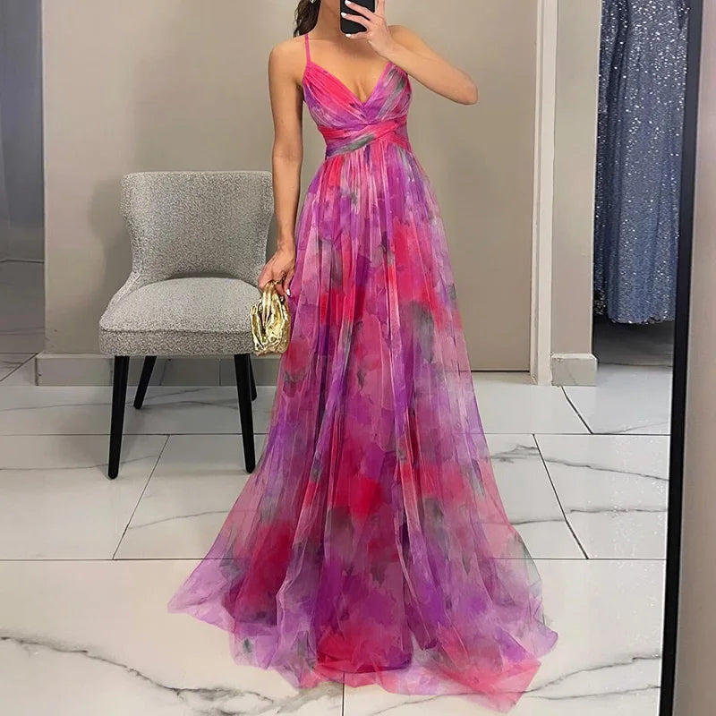 Robe maxi femme en mesh floral – Buste ajusté jupe fluide