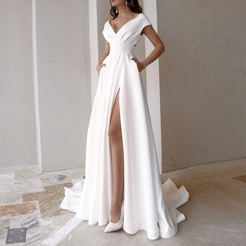Robe Maxi de Soirée Femme Fente Haute – Décolleté Profond Coupe A-Line Taille Marquée