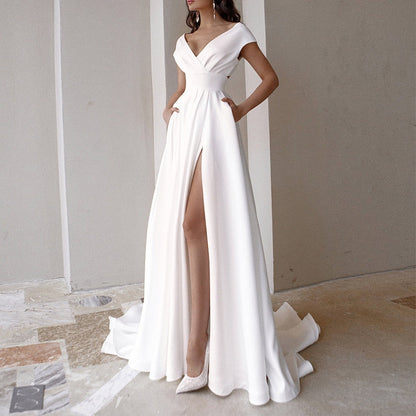 Robe Maxi de Soirée Femme Fente Haute – Décolleté Profond Coupe A-Line Taille Marquée