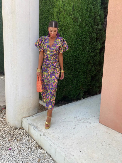 Robe Midi Légère à Manches Bouffantes pour Femme – Col V Coupe Ajustée