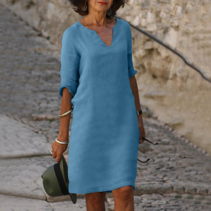 Robe Midi Légère à Col V pour Femme – Coupe Droite Décontractée