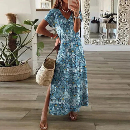 Robe Maxi Bohème Femme en Tissu Léger – Design Col V à Manches Courtes