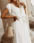Robe Maxi Bohème Femme – Col V Pompons Manches Courtes Coupe Fluide