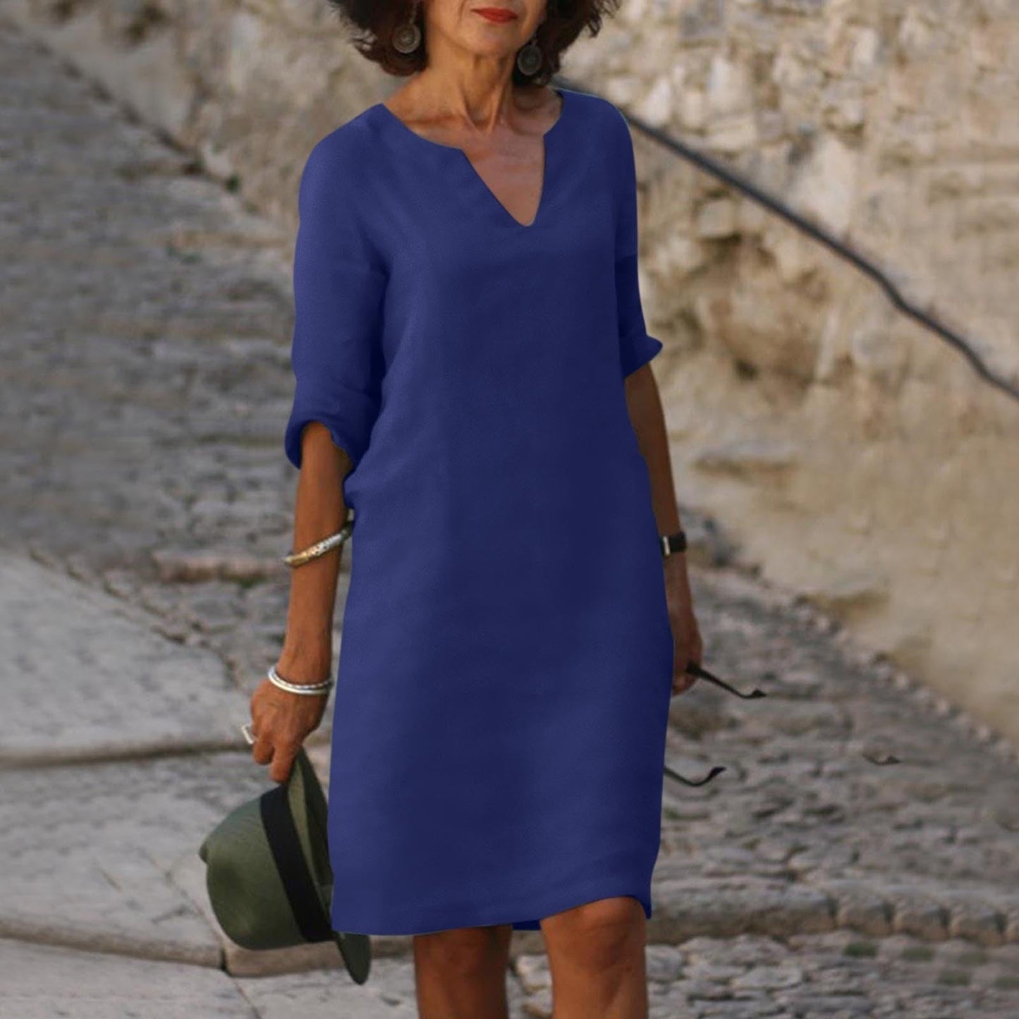 Robe Midi Légère à Col V pour Femme – Coupe Droite Décontractée
