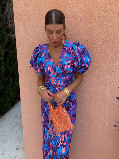 Robe Midi Légère à Manches Bouffantes pour Femme – Col V Coupe Ajustée