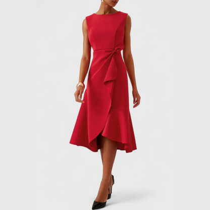 Robe Midi Structurée Sans Manches pour Femme – Col Rond Ourlet Évasé Ajusté