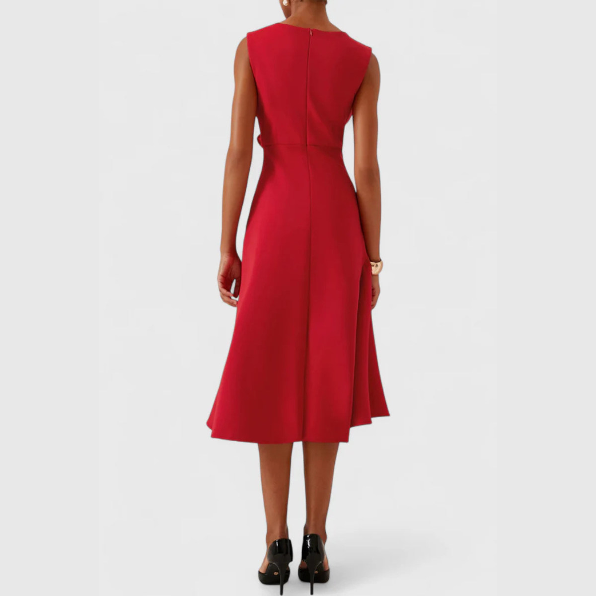 Robe Midi Structurée Sans Manches pour Femme – Col Rond Ourlet Évasé Ajusté