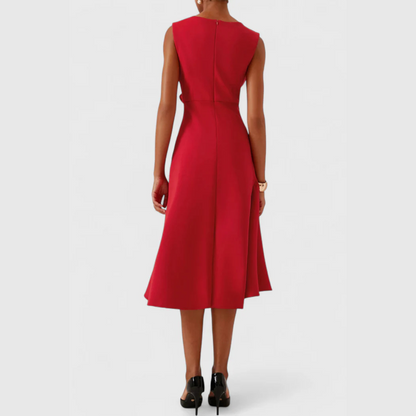 Robe Midi Structurée Sans Manches pour Femme – Col Rond Ourlet Évasé Ajusté