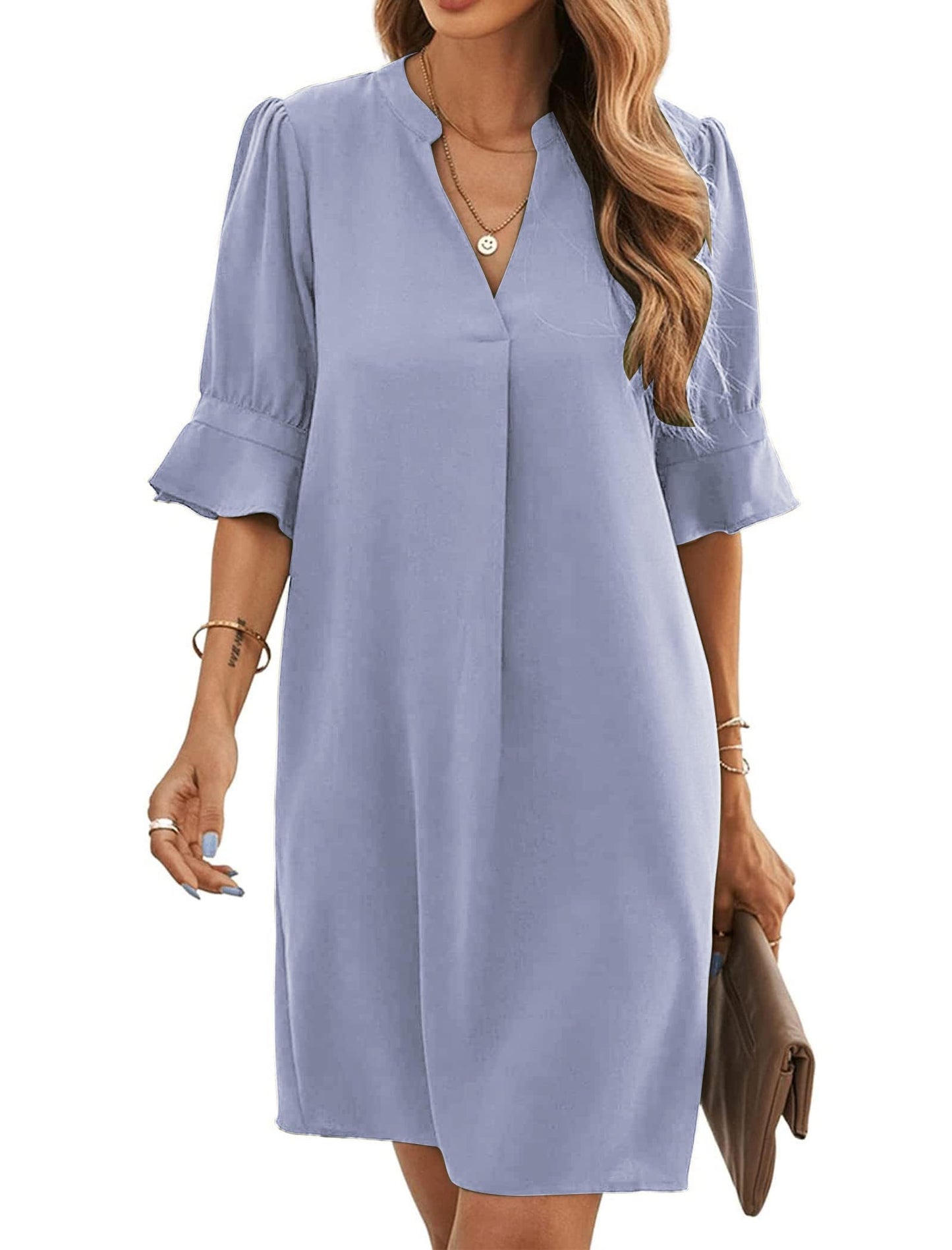 Bibiana Robe Femme – Col V Manches Courtes, Coupe Droite Mini Fluide Uni Été