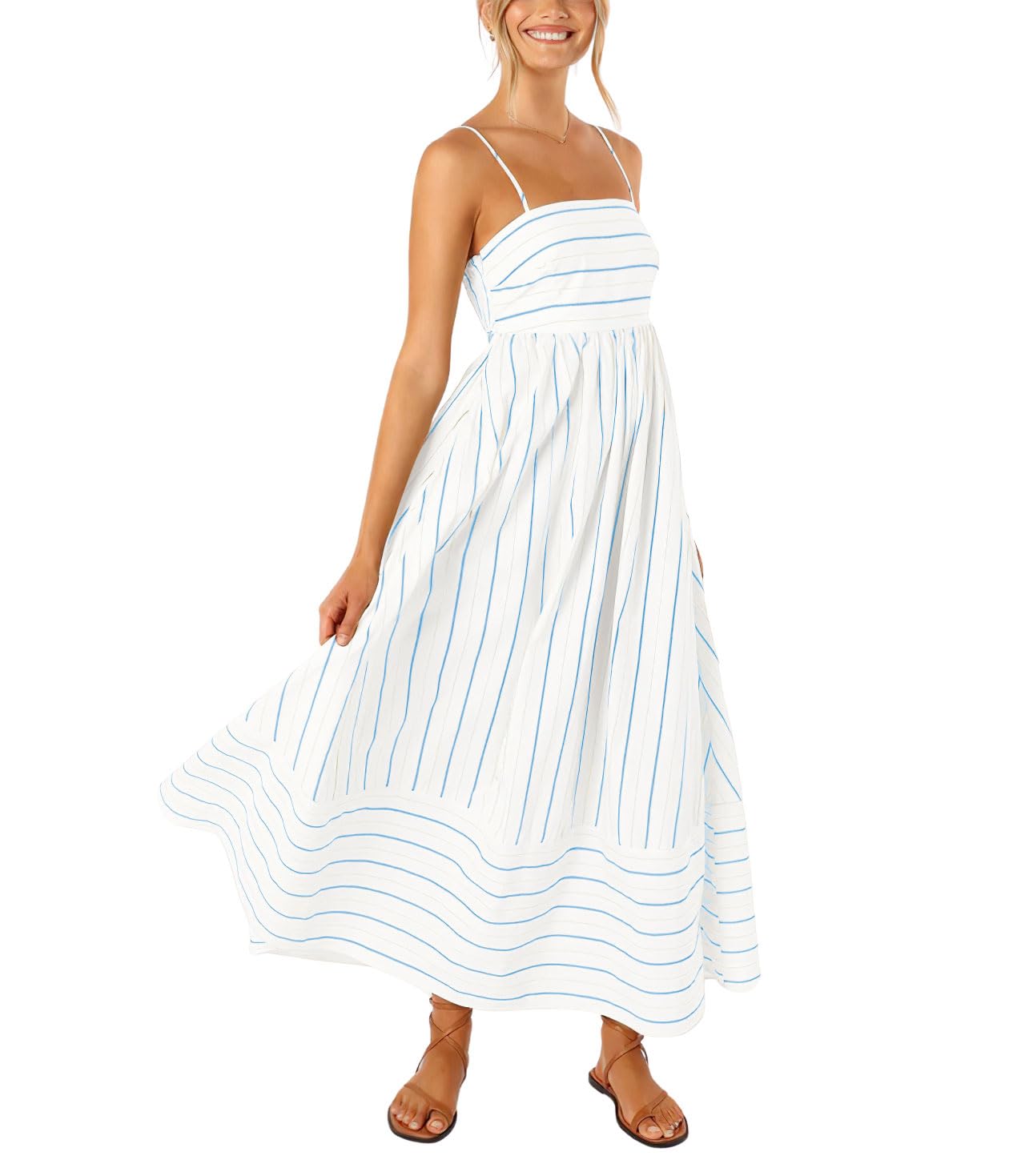 Reina Robe Maxi Femme – Col Carré Bretelles Fines Rayures, Coupe A-Line & Dos Smocké avec Poches