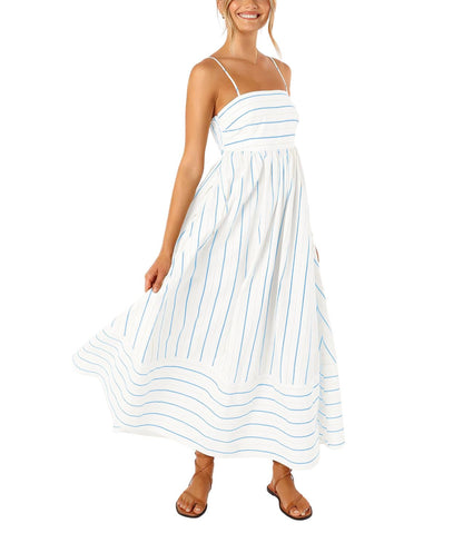 Reina Robe Maxi Femme – Col Carré Bretelles Fines Rayures, Coupe A-Line & Dos Smocké avec Poches