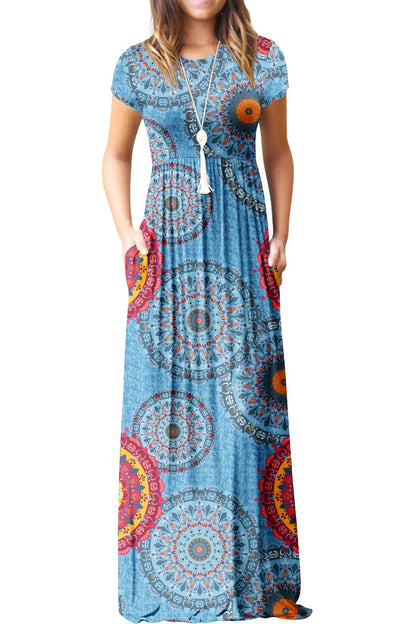 Bridget Robe Maxi Femme – Col Rond Uni, Coupe Fluide & Taille Haute avec Poches Été