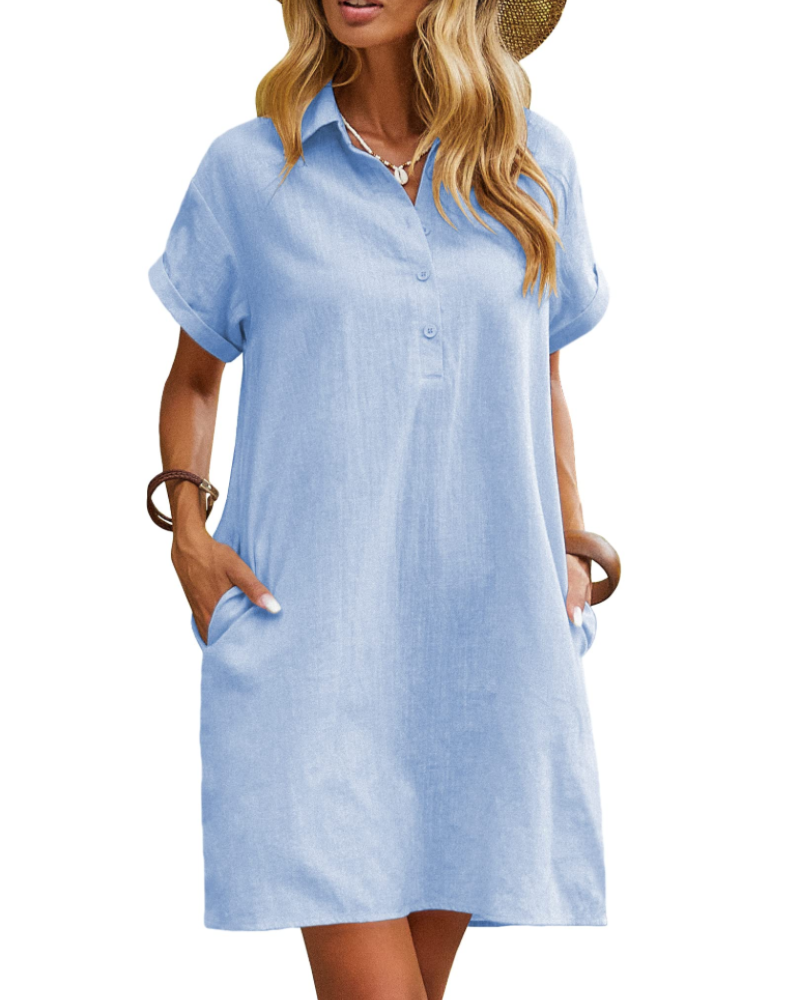 Robe Chemise Femme Mi-Longue – Col V Boutonnée Tissu Léger avec Poches