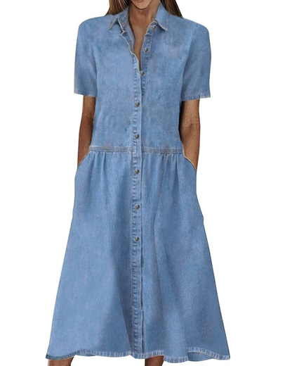 Monette Robe Femme – Robe Denim Mi-Longue Boutonnée avec Col Chemise & Poches Casual Chic