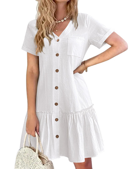 Robe Midi Femme en lin, col V, coupe fluide – Menvelo