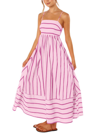 Reina Robe Maxi Femme – Col Carré Bretelles Fines Rayures, Coupe A-Line & Dos Smocké avec Poches