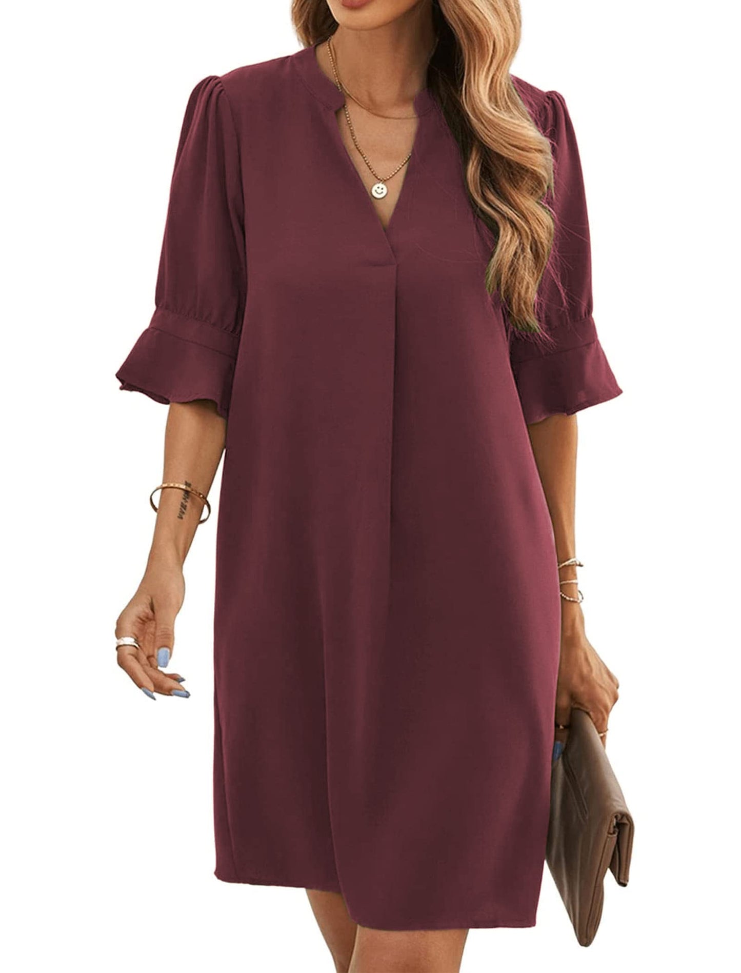 Bibiana Robe Femme – Col V Manches Courtes, Coupe Droite Mini Fluide Uni Été