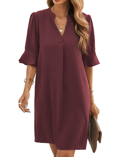 Bibiana Robe Femme – Col V Manches Courtes, Coupe Droite Mini Fluide Uni Été