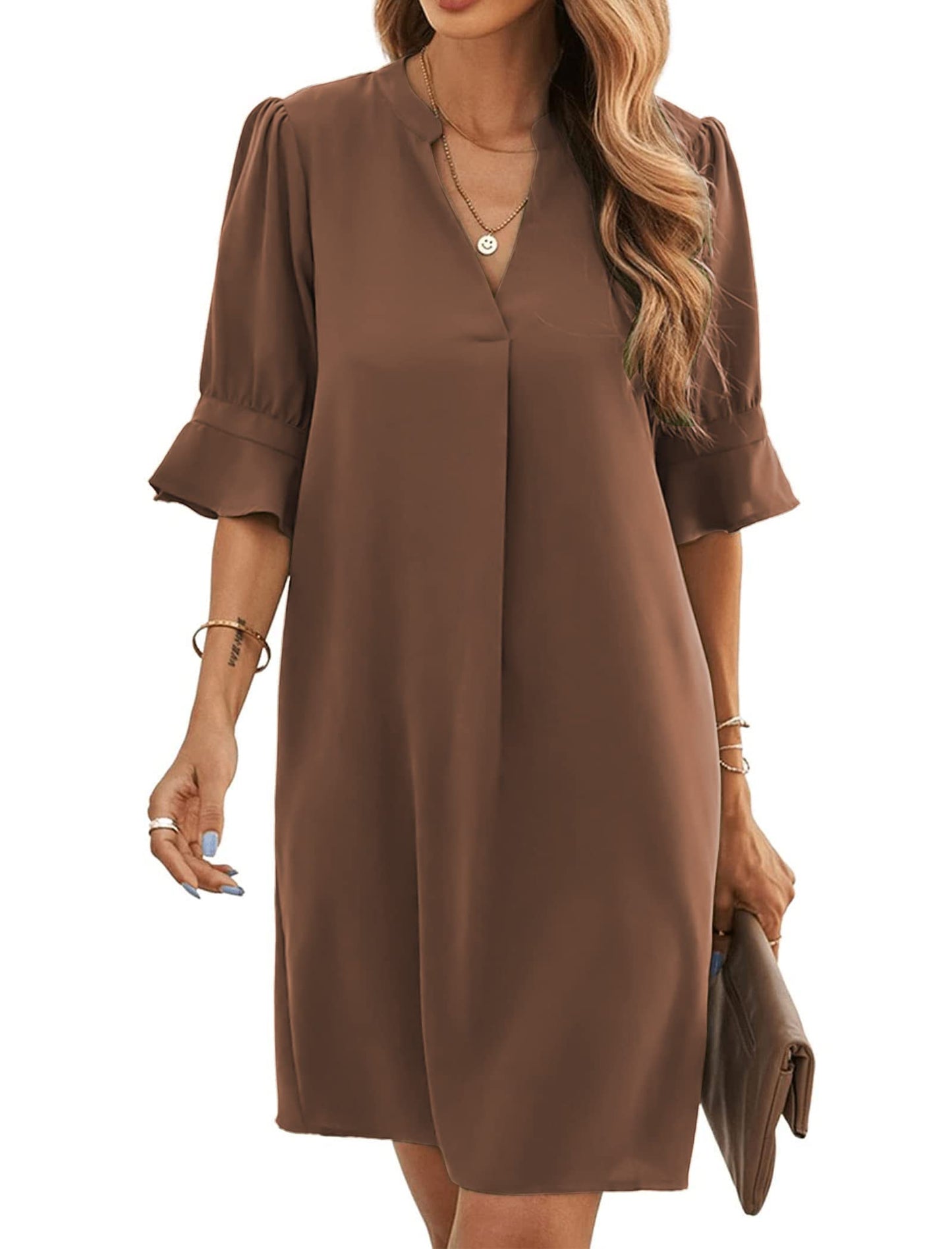 Bibiana Robe Femme – Col V Manches Courtes, Coupe Droite Mini Fluide Uni Été