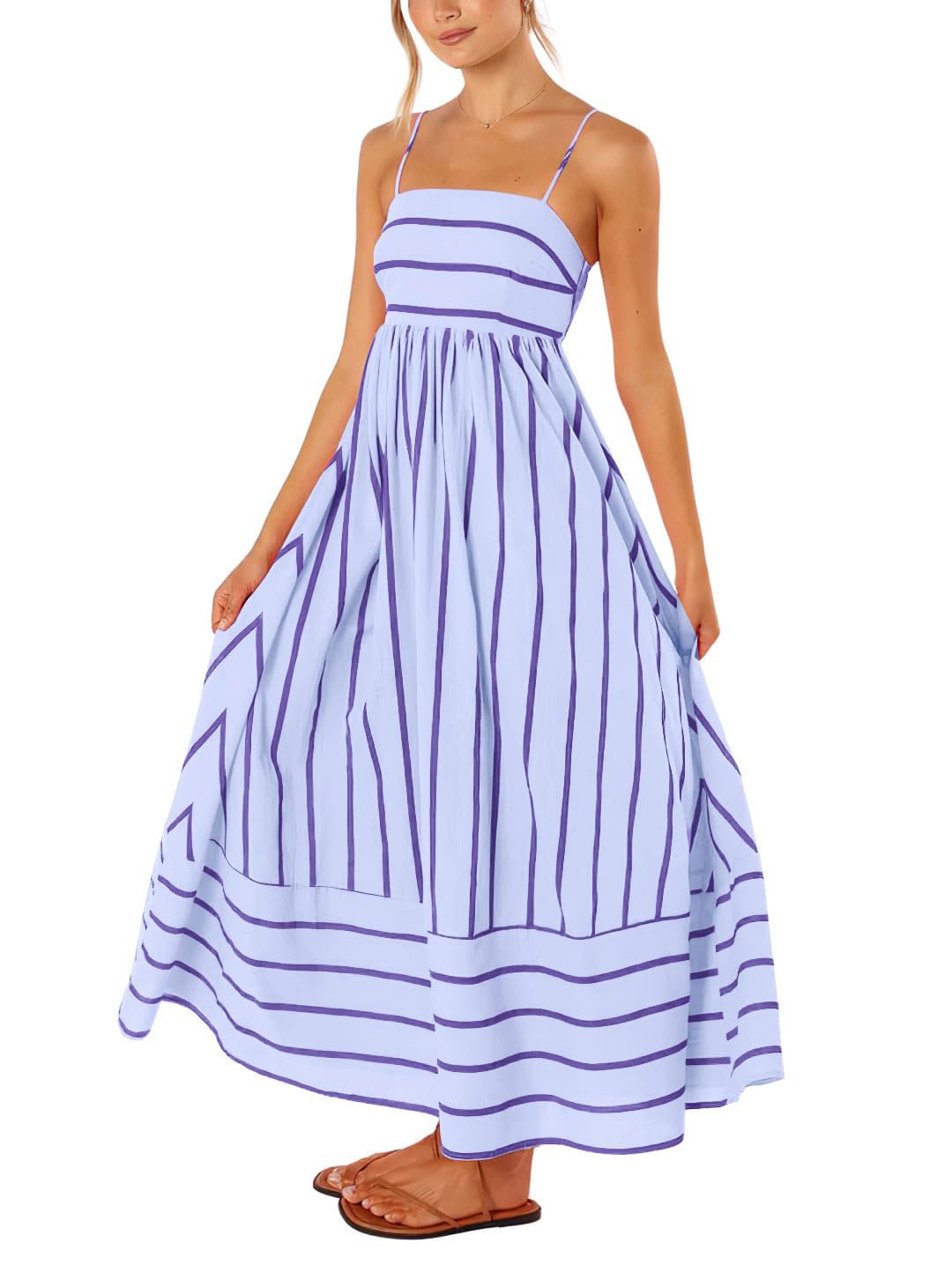 Reina Robe Maxi Femme – Col Carré Bretelles Fines Rayures, Coupe A-Line & Dos Smocké avec Poches