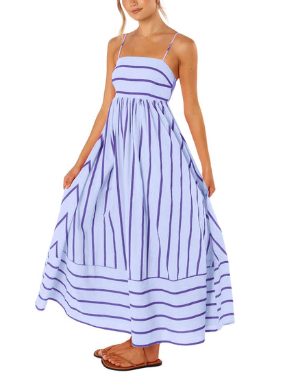 Reina Robe Maxi Femme – Col Carré Bretelles Fines Rayures, Coupe A-Line & Dos Smocké avec Poches