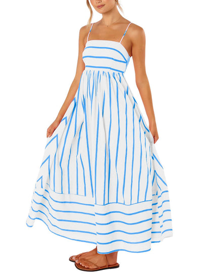 Reina Robe Maxi Femme – Col Carré Bretelles Fines Rayures, Coupe A-Line & Dos Smocké avec Poches